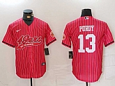 Men's San Francisco 49ers #13 Brock Purdy Red Pinstripe With Patch Cool Base Stitched Baseball Jersey,baseball caps,new era cap wholesale,wholesale hats
